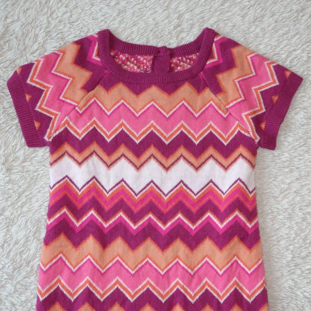Girls Size 3T Chevron Striped Orange Pink Fall Sweater Short Sleeve Dress